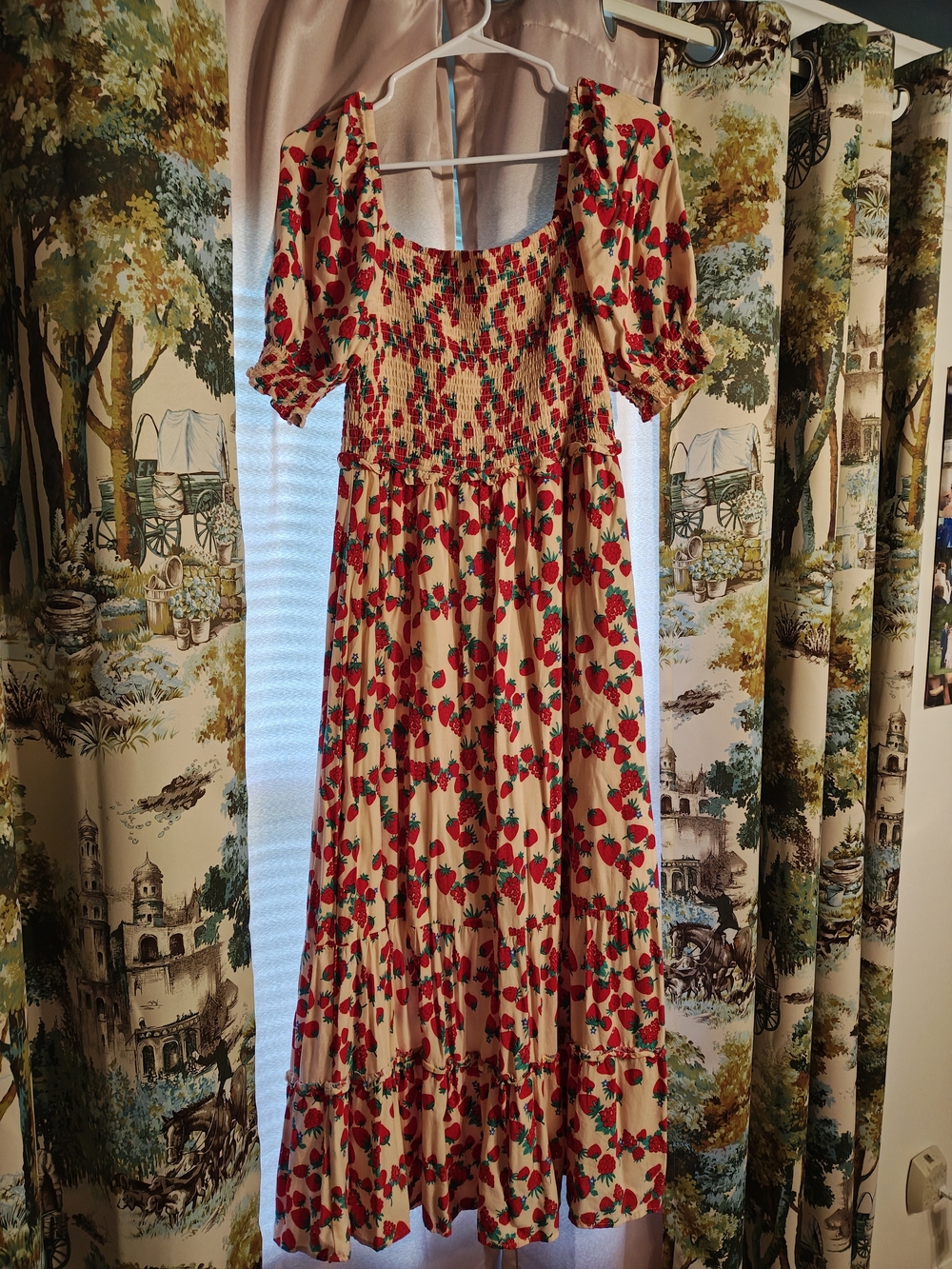 Betsey Johnson Cream Maxi Dress with Red Strawberry Print